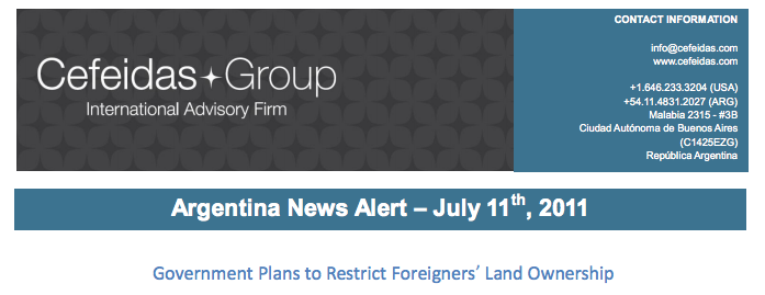 Argentina News Alert – Government Plans to Restrict Foreigners’ Land Ownership
