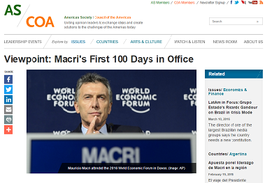 Cefeidas Group’s Managing Director and Analyst published by the Americas Society/Council of the Americas on Macri’s first 100 days
